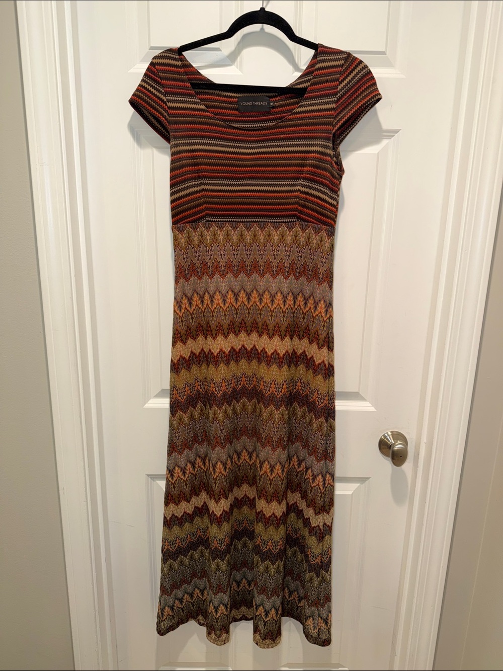 YOUNG THREADS VINTAGE FALL pictures DRESS chocolate brown M art deco maxi funky